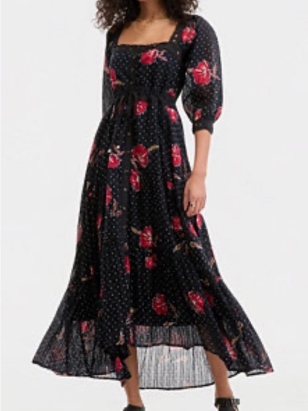 Free People Black Maxi Dress with Red Rose Print